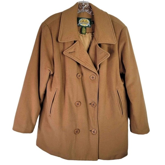 Cabelas Peacoat Jacket Womens Extra Large XL Wool Blend Lined Button Tan Camel - Picture 2 of 9